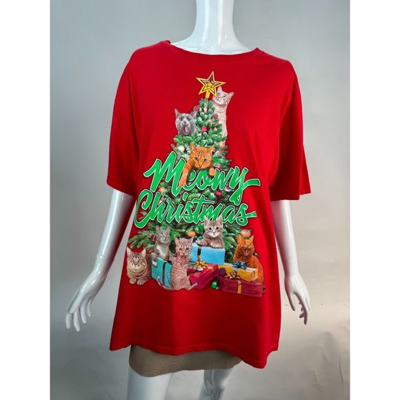 DEC 25TH Merry Christmas Cat Tree Ugly TShirt Contest XL RED COTTON - Picture 1 of 16